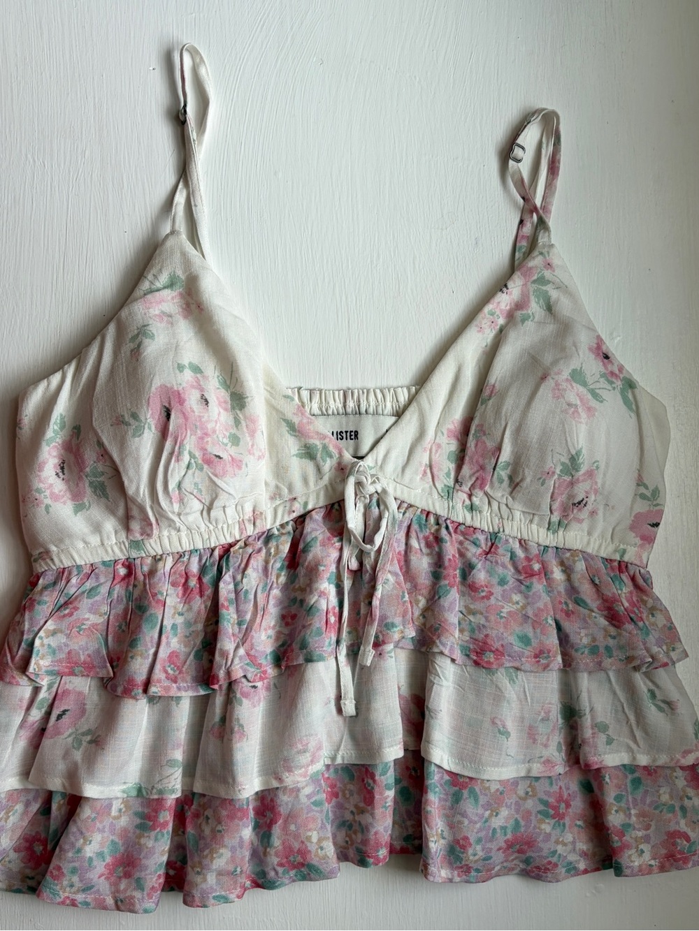 Hollister White Pink Floral Ruffle Tie-Front Camisole
